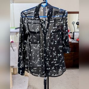 Express Black Bird Print Portofino Blouse